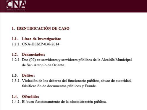 Malversación de caudales públicos, falsificación de documentos públicos y Fraude, Alcaldía de San Antonio de Oriente, Francisco Morazán