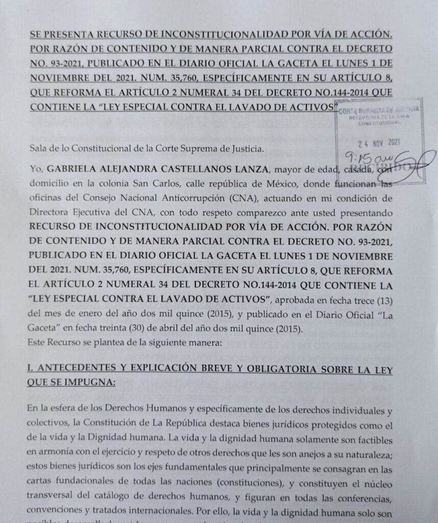 El CNA presenta garantía de inconstitucionalidad contra las reformas a la Ley Especial de Lavado de Activos
