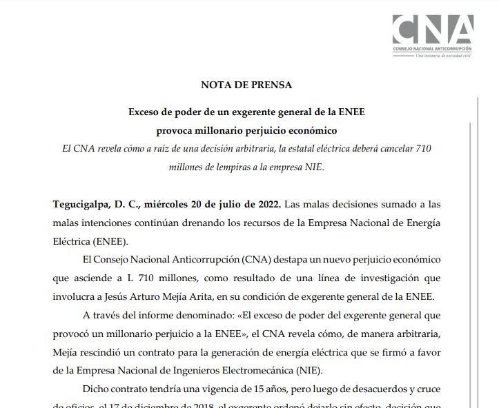 Exceso de poder de un exgerente general de la ENEE provoca millonario perjucio económico